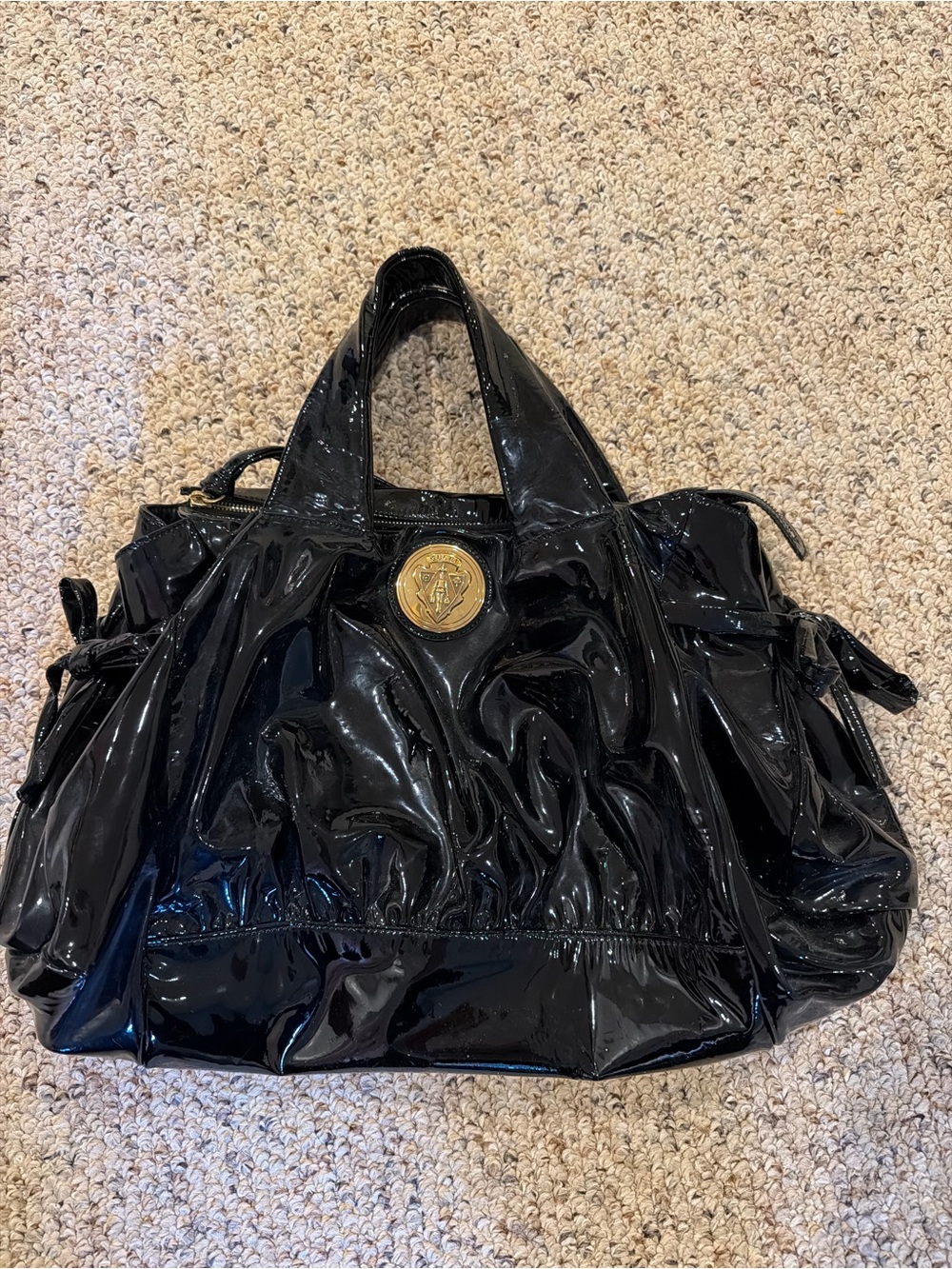 Gucci Black Patent Shoulder Bag with Gold Medallion